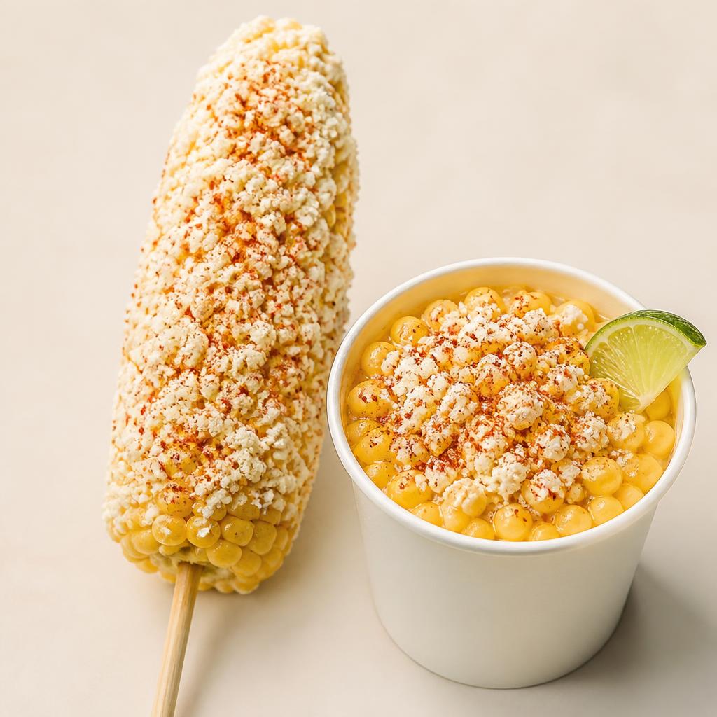 Elote on a stick beside a cup of esquites