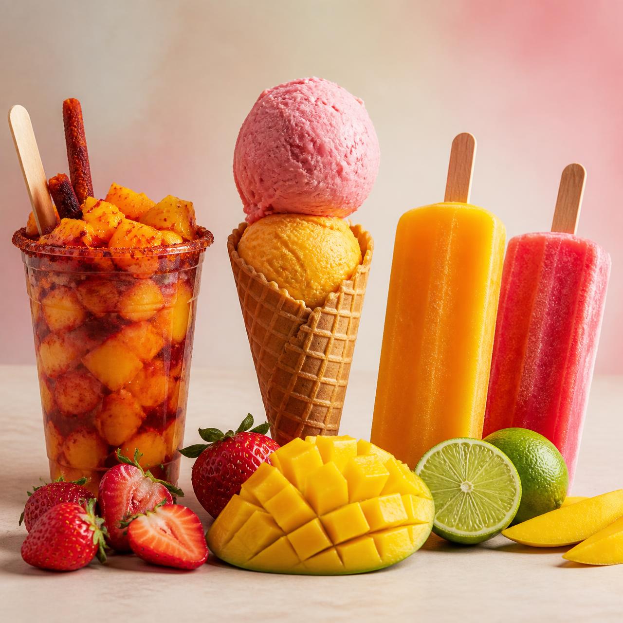 Mangonada, nieve cone and fruit paletas with fresh mango, strawberries and lime