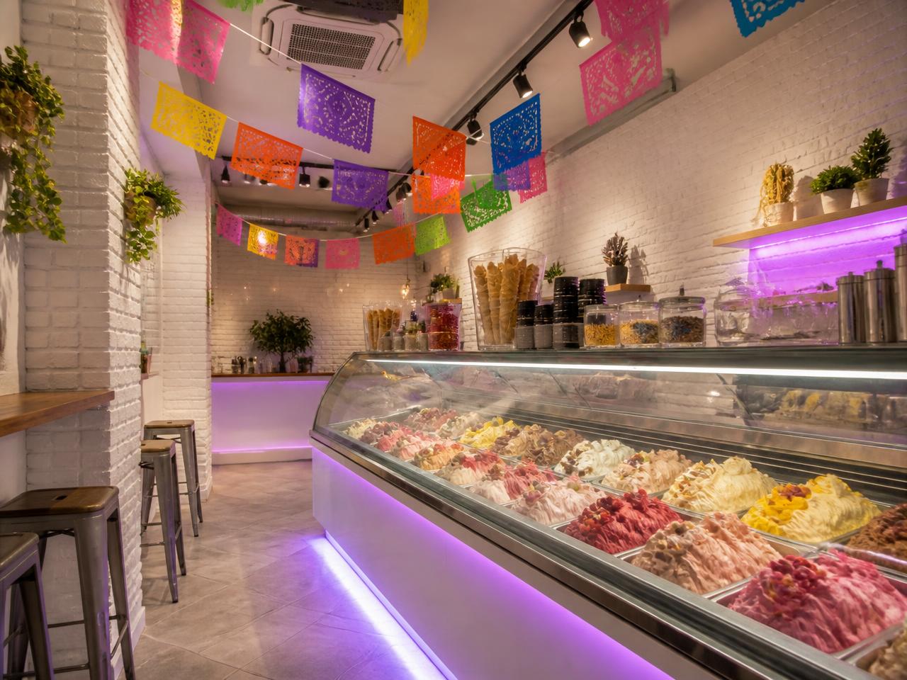 Bright creamery interior with white brick walls and colorful papel picado banners